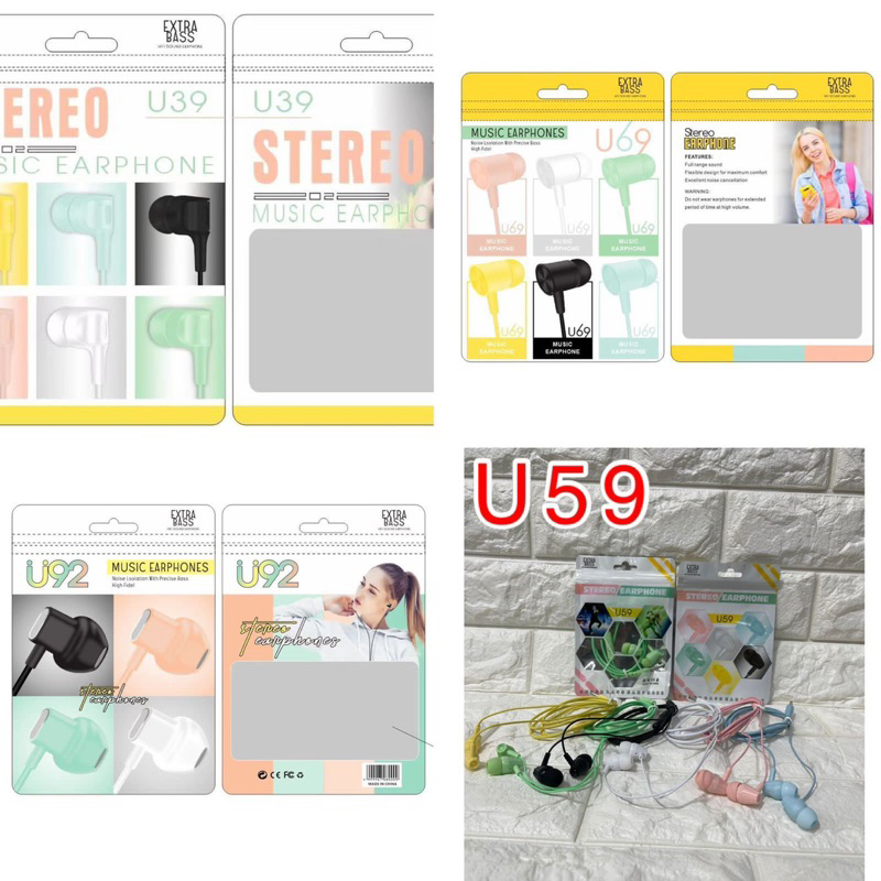 Earphone-Handsfree-Headset U38 / U89 / U39 / U59 / U69 / U92 MACARON STEREO EXTRA BASS + Mic HF Univ