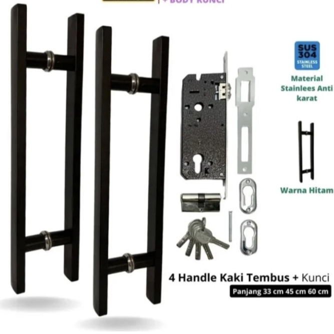 1 Set Handle Pintu Baut Tembus Kotak Hitam Stainless