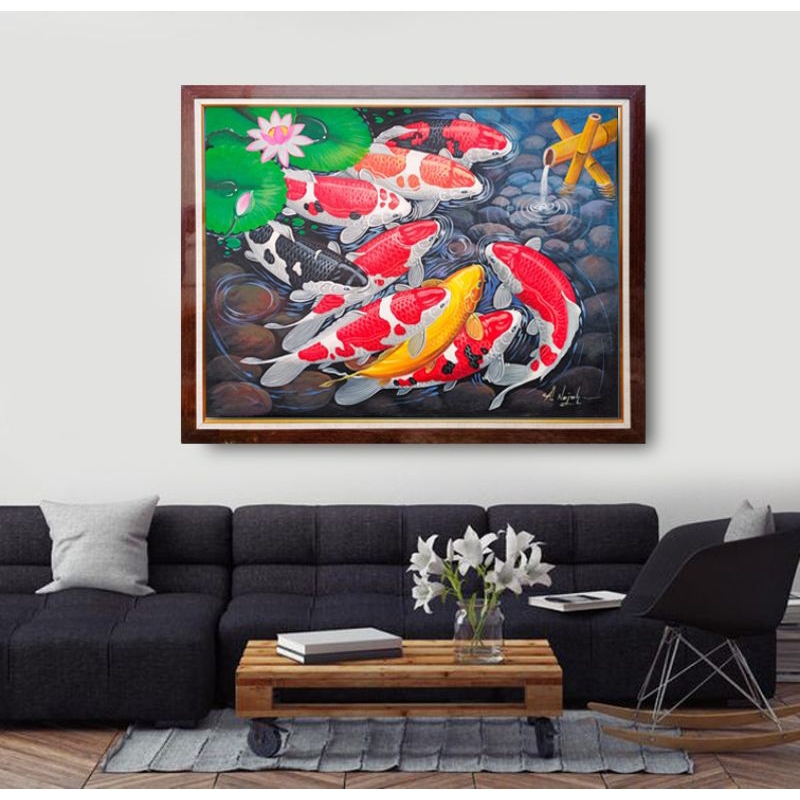 Lukisan ikan koi fengshui 9 ekor murah berkualitas siap pajang