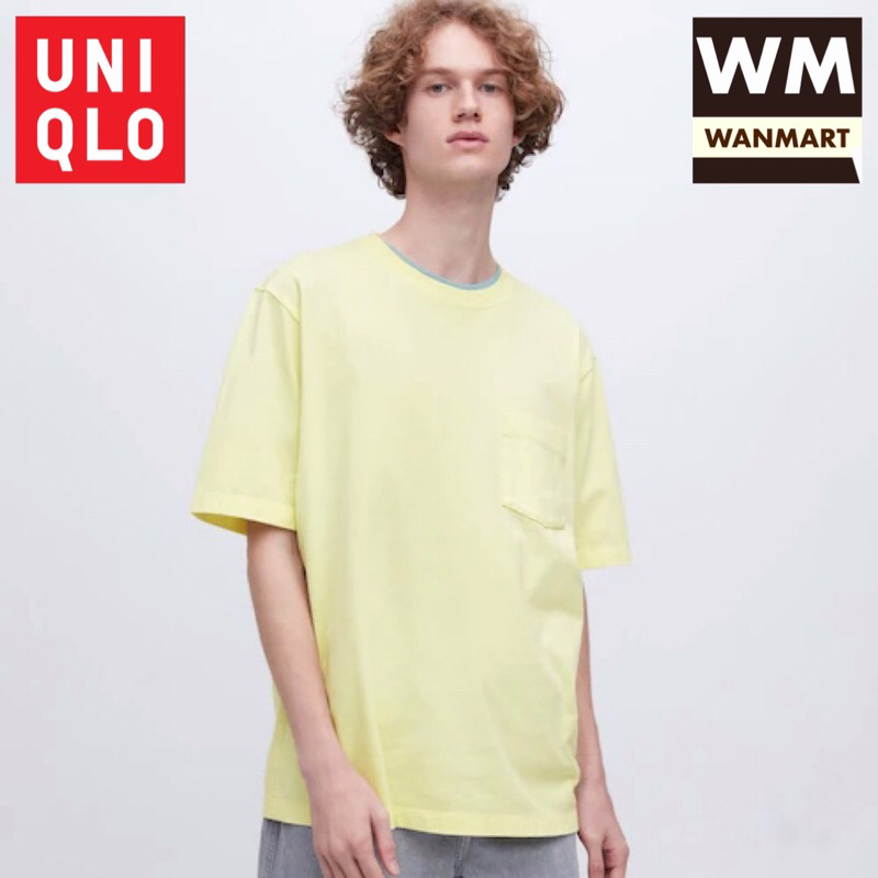 UNIQLO Men T-Shirt Kaos Pria Oversized Saku Crew Neck Lengan Half Cream
