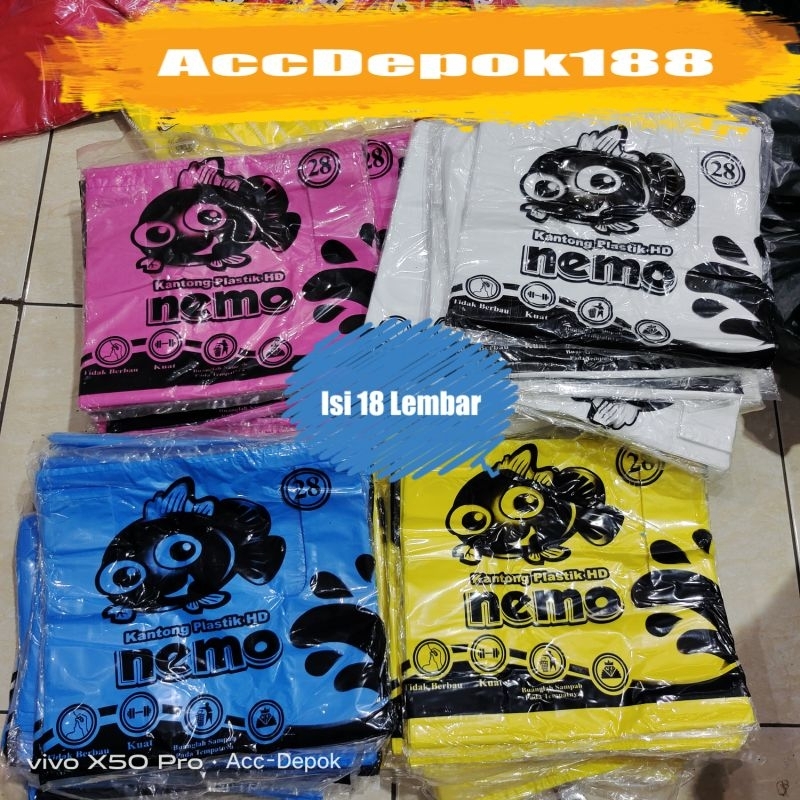 KANTONG PLASTIK WARNA KUNING / PUTIH / BIRU / PINK UKURAN 28 MEREK NEMO KUALITAS HDPE TERBAIK