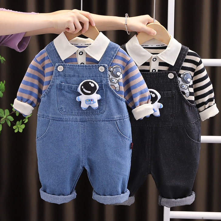 Baju Kodok Anak Laki Laki Setelan ASTR0 3in1 Kaos Kerah Polo Lengan Panjang dan Overall Jeans Anak