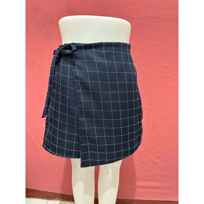 Celana Rok Pendek Korea highwaist kekinian tali pita NAVY kotak-kotak allsize
