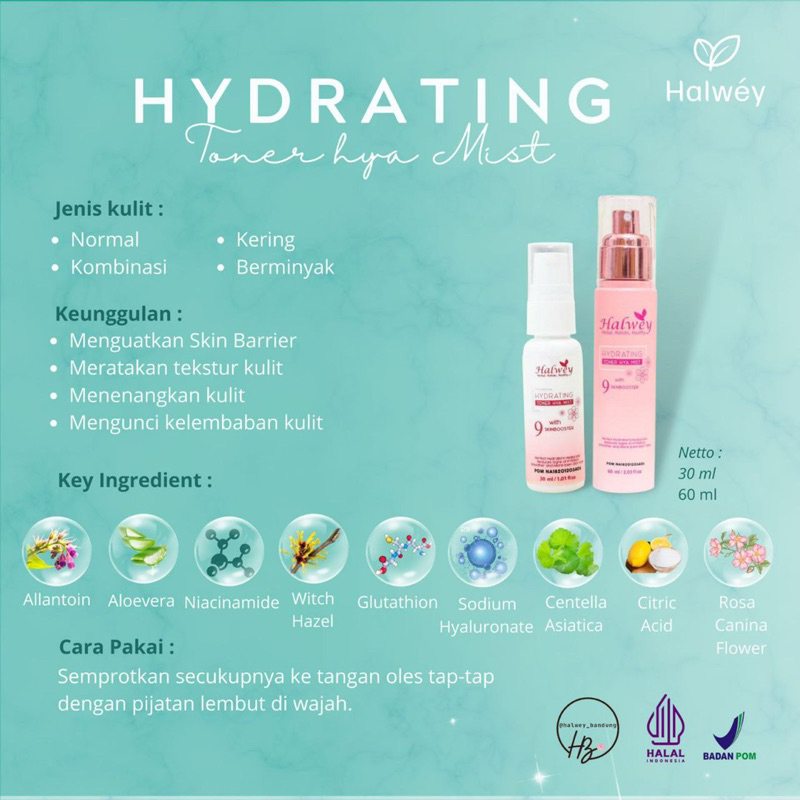 Hydrating Toner Hya Mist Halwey skincare INDONESIA KEMASAN MINI 30 ML, BESAR 60 ML ORIGINAL OFFICIAL SHOP