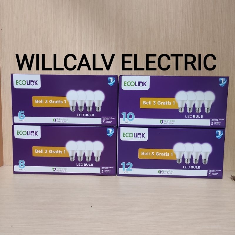 Lampu ECOLINK led bulb Multipack 6W 8W 10W 12W isi 4 ( 3+1) cahaya putih 6500K E27