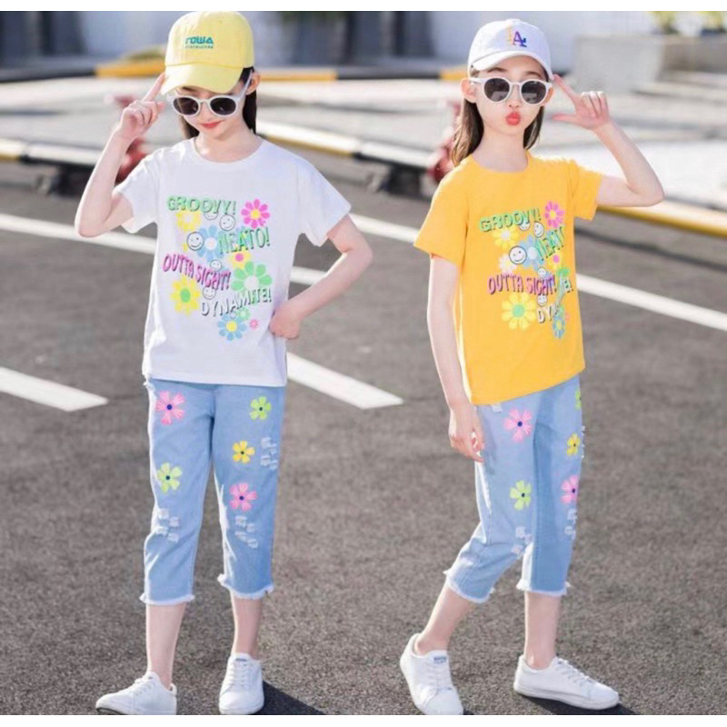 setelan anak perempuan celana denim baju motif bunga 1-5 tahun ardan grosir