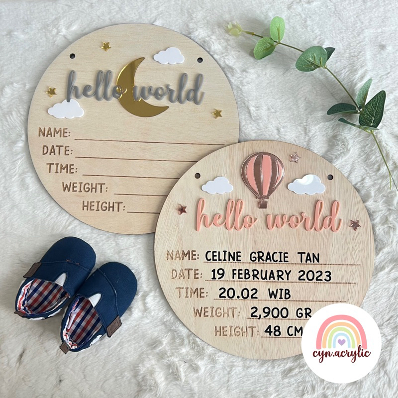 (READY STOCK) HELLO WORLD HOSPITAL BOARD PLYWOOD PREMIUM MEWAH BABY NAME NEWBORN PROPERTI FOTO