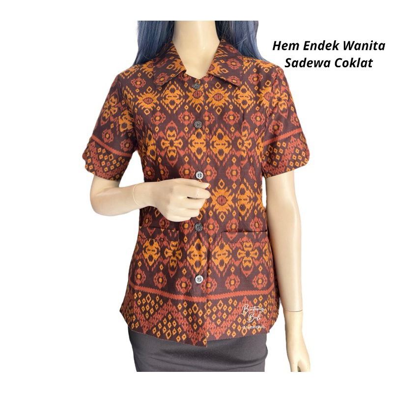 Kemeja Endek Bali Katun Wanita Lengan Pendek Motif Sadewa Coklat Jumbo Big Size Besar