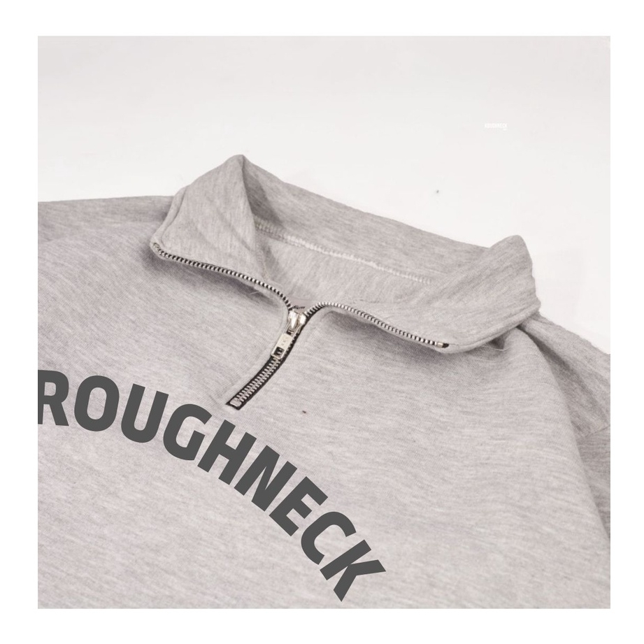 Sweater Half Zip Roughneck Logo Teks Tengah /  Crewneck Zipper  Grey Unisex / Sweatshirt Zippper Pria Wanita