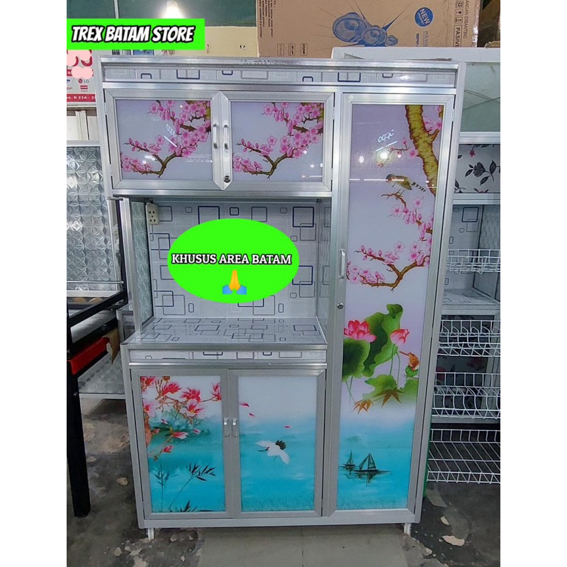 LEMARI RAK PIRING ALUMINIUM 3 PINTU KAKI RODA (BATAM)