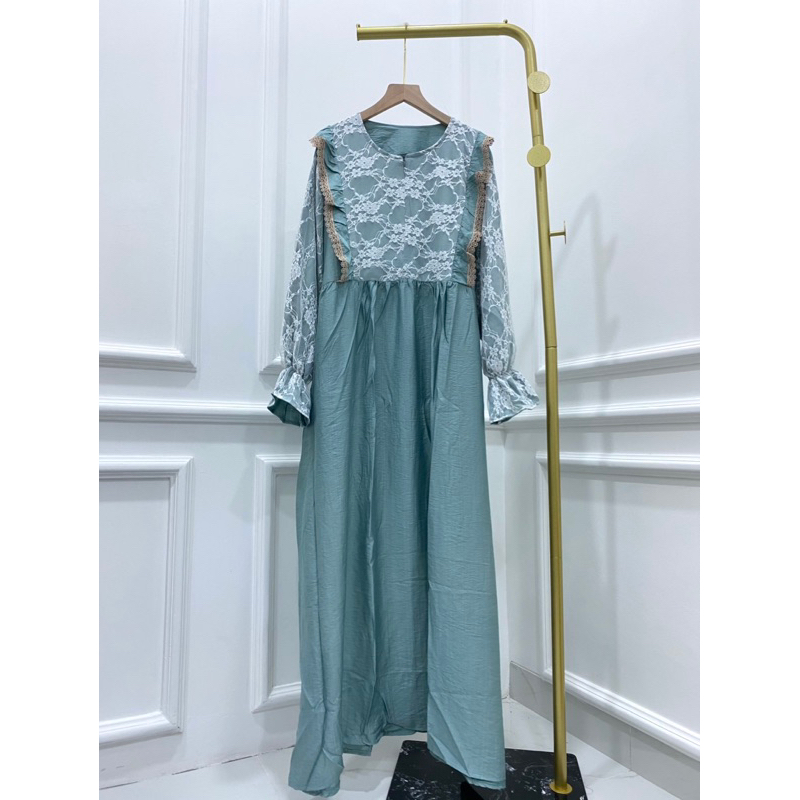 GAMIS LEBARAN LINEN DOLCE   BIGSIZE BRUKAT BUNGA MEWAH EID IDULFITRI GROSIR MODELLANO