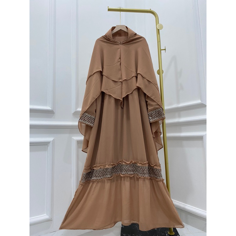 Gamis Syari Ceruty Mix Renda Depan dan Tangan Syari Busui Set Khimar Lebaran keluarga family couple Dizzah