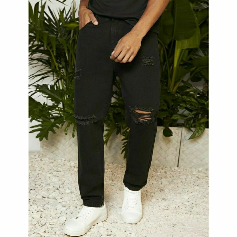 CELANA SOBEK PRIA RIPPED JEANS STANDAR BASIC REGULER ROBEK JINS HITAM 27-38