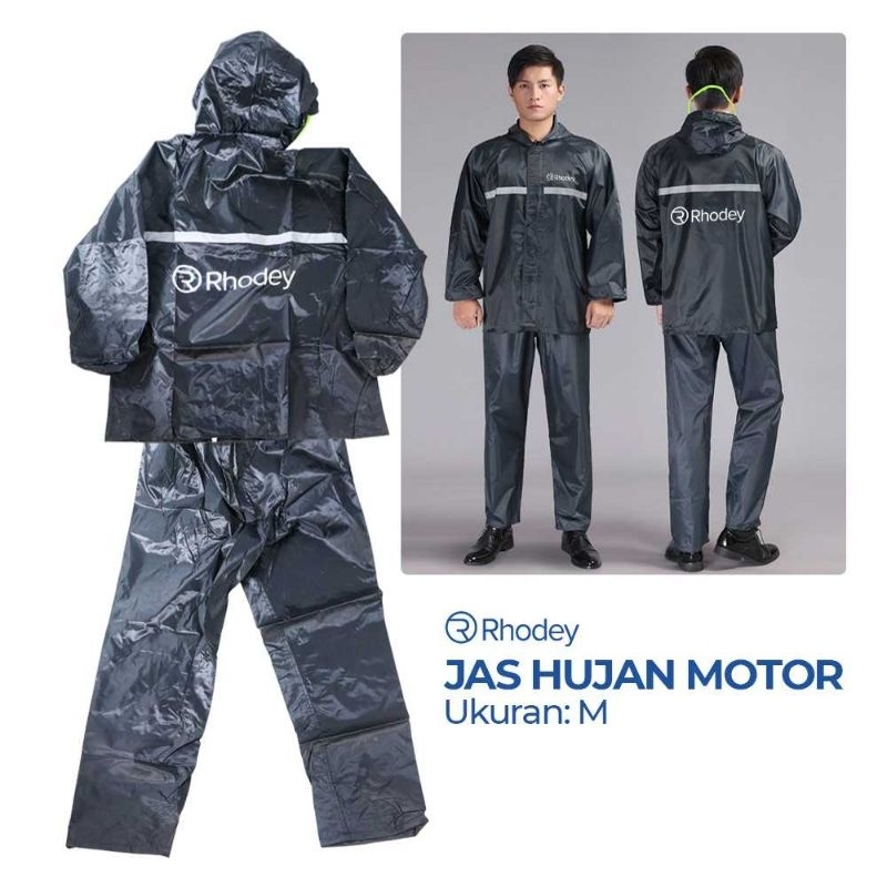 Rhodey Pole Jas Hujan Motor T1 size M Hitam Logo Rain Coat Baju Celana