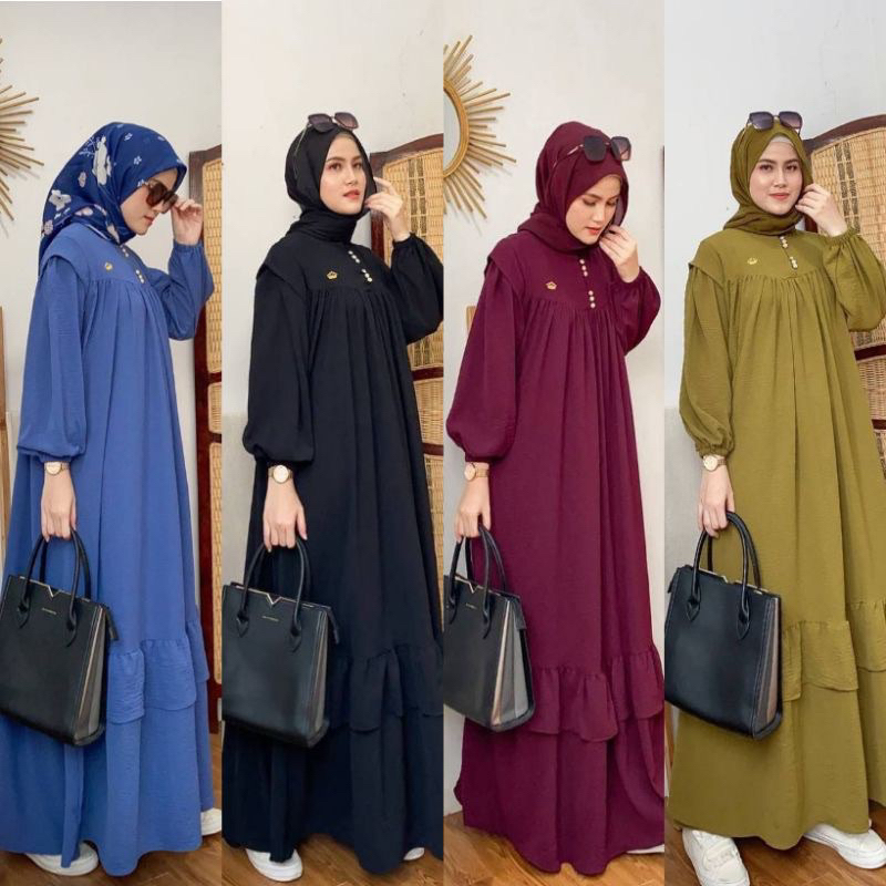 GAMIS CRINKLE POLOS ELENA MAXI LEBARAN SIMPLE MEWAH BAJU MUSLIM LEBARAN EID GAMIS KELUARGA