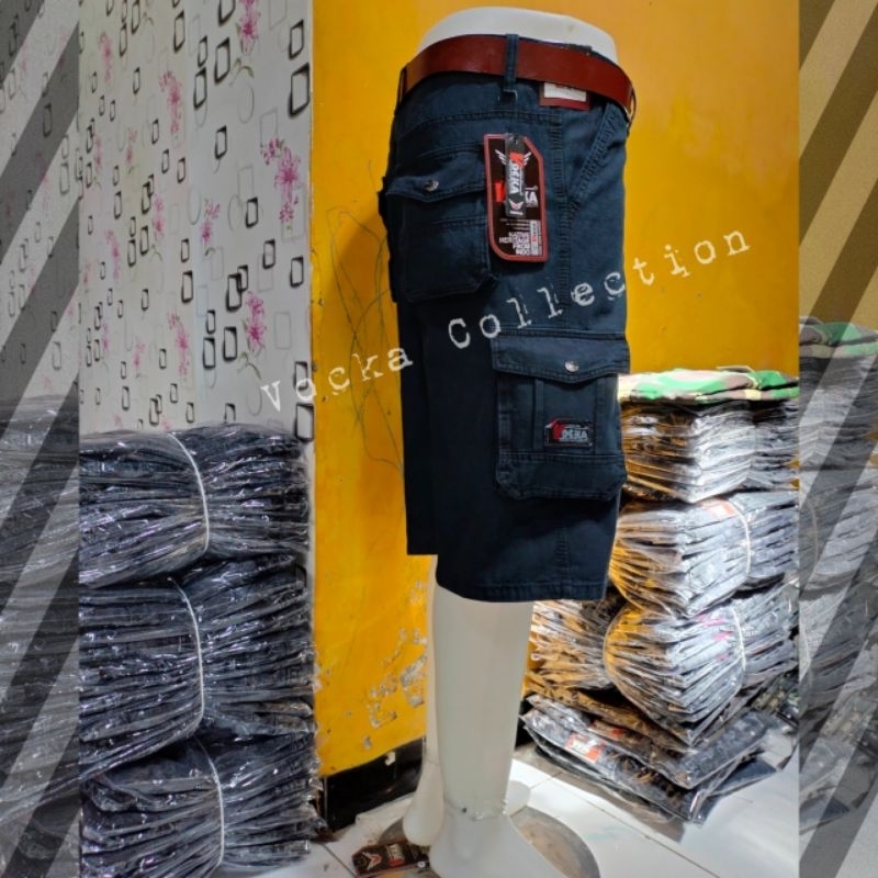 Celana Cargo Panjang Hitam 27-38 Kanvas Denim Vocka
