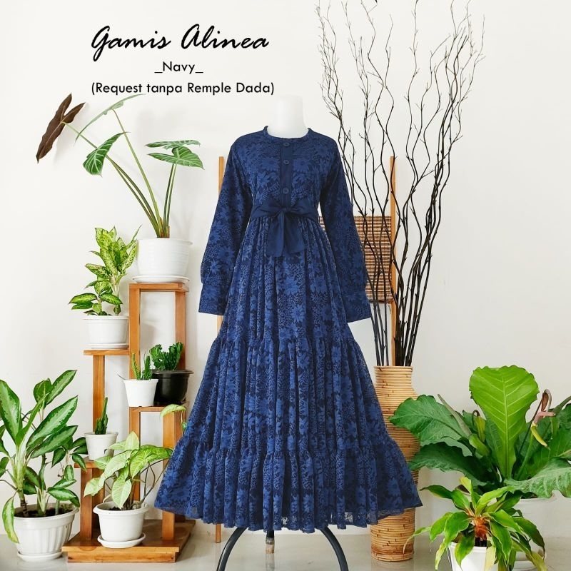 gamis alinea navy/gamis alinea couple mom kid/gamis lebaran terbaru/gamis brukat terbaru/gamis couple keluarga