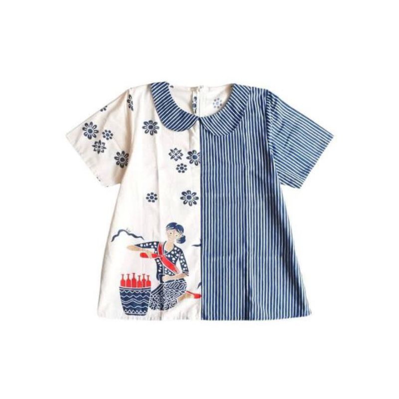 Blus batik lurik dikombinasikan dengan batik jamu putih bahan katun