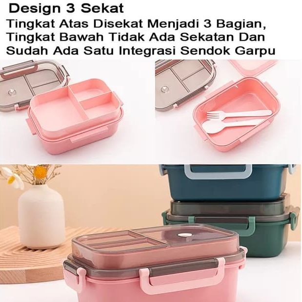 Tempat Makan Set 2 Tingkat 3 Sekat Free Sendok Garpu Anti Tumpah Set Kotak Bento Tingkat