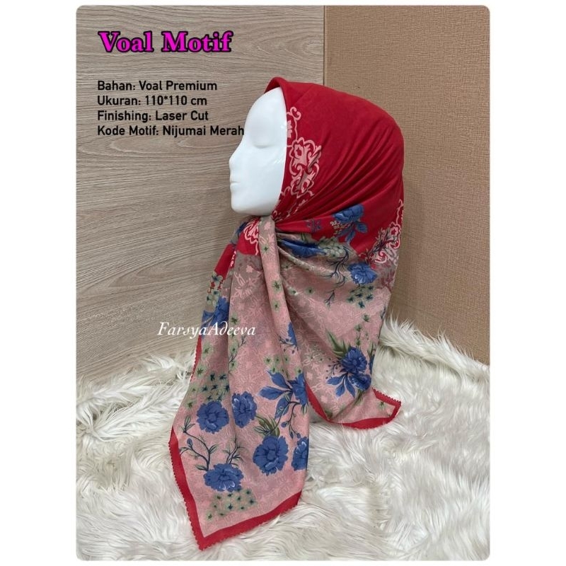 Hijab segiempat motif may warna merah cabe krudung voal premium