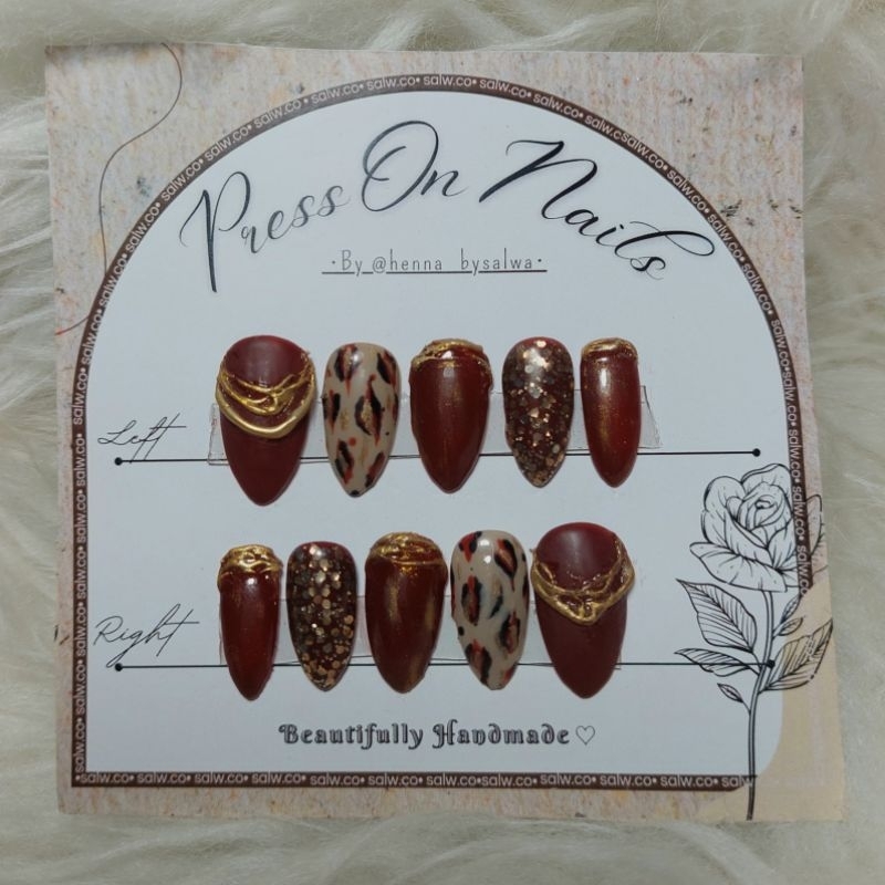 Press on nails/glam maroon gold/fake nails/kuku palsu wedding/kuku palsu/custom nail art/custom nail