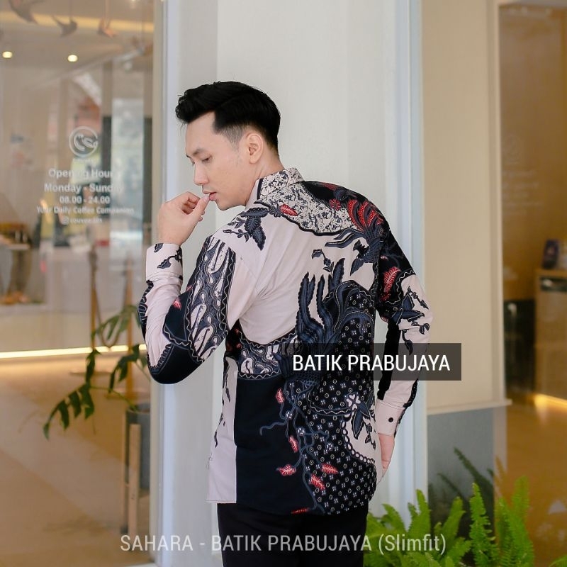 SAHARA Kemeja Batik Pria Slimfit Modern Lengan Panjang Terbaru - Baju Hem Batik Slim fit Pria Cowok Kondangan Pesta Kerja