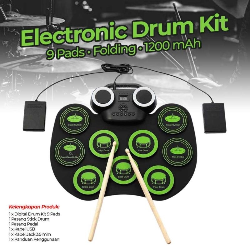 Ammoon Electronic Digital Drum Kit 9 Pads Folding 1200 mAh - G6009 Hijau