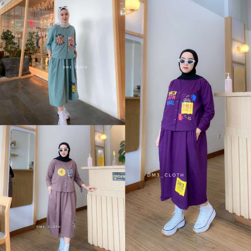One Set Cardigan DM3 Cloth Terbaru Midi inner + Dress Bahan Kaos Combed 20s Stelan Wanita Terbaru 20