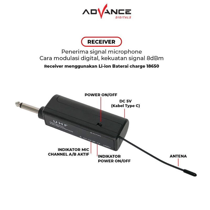 Advance MIC-104 Mic Profesional UHF Wireless Microphone Mik Tanpa Kabel - Garansi Resmi Advance