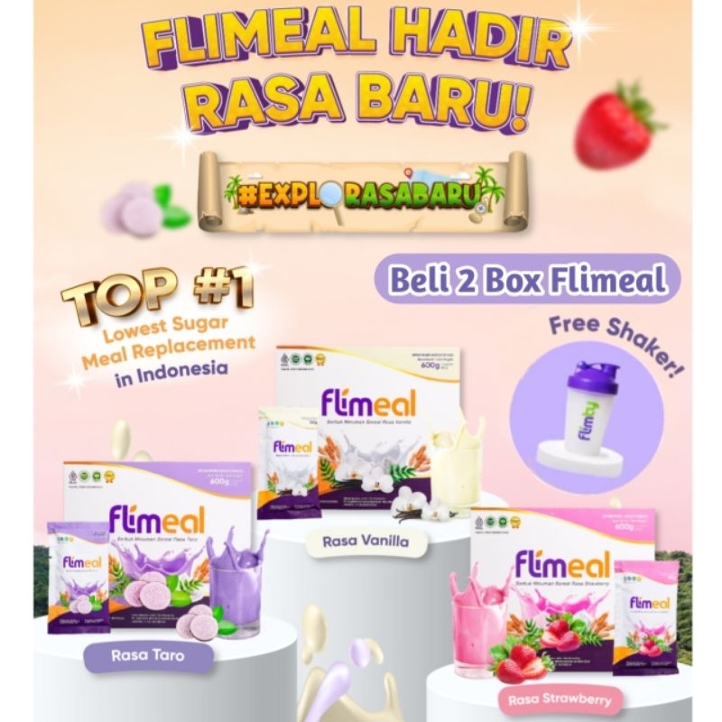 New Flimeal Meal Replacement by Flimty 1 Box 12 sachet, Whey Protein, Diet sehat, Rendah kalori Rendah gula, Rasa baru Vanila, Taro, Strobery