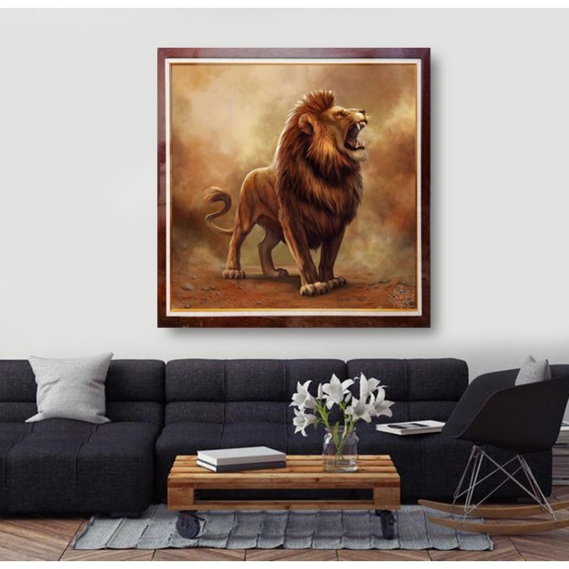 Lukisan kanvas singa gagah elegan realis + frame siap pajang