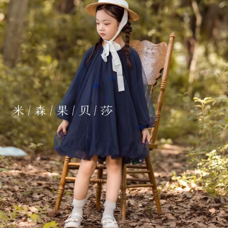 (sz 4-7th) DRESS TILE POMPOM PREMIUM IMPOR / GAUN TILE ANAK IMPOR