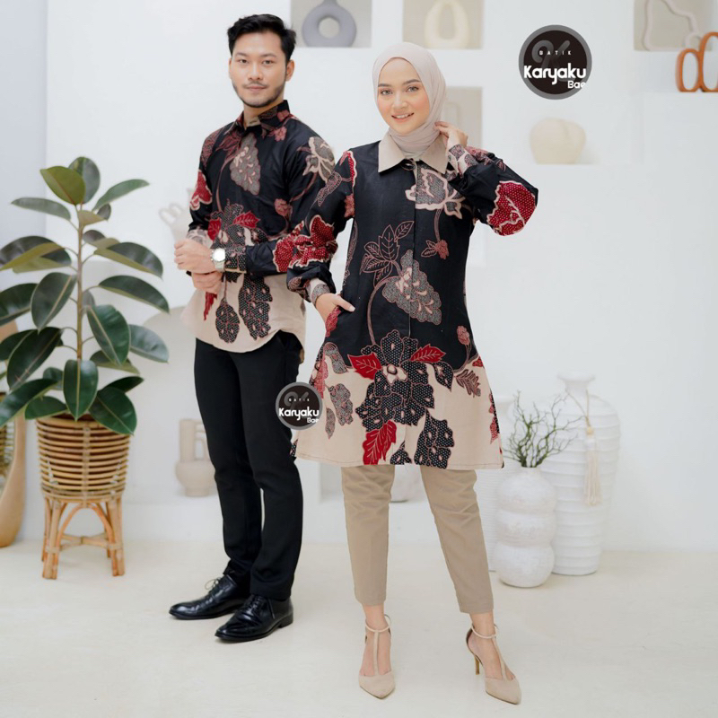 Atasan Baju Kemeja Tunik Set Batik Couple Pasangan Pria Wanita Lengan Panjang Seragam Kerja Kantor Modern Kekinian