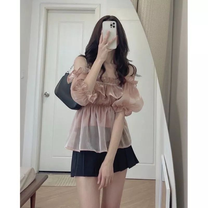 Loise puffy top sabrina ruffle atasan wanita pesta organza