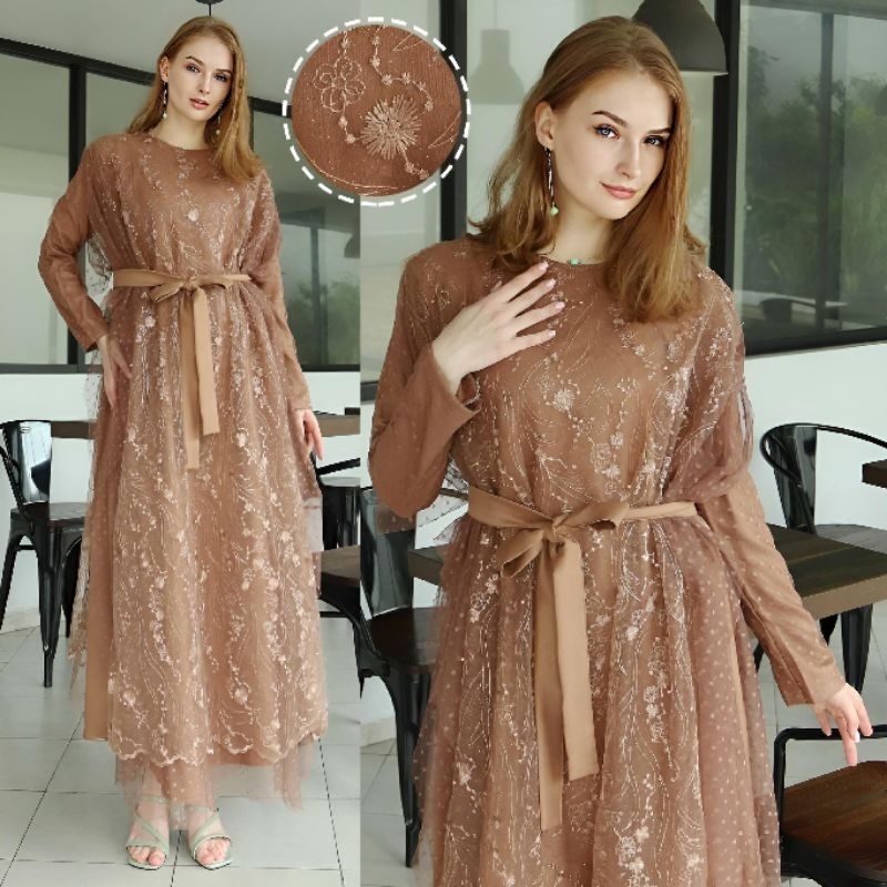 Real Pict Dress Maxi GRAYSON Lengan Panjang Glamor Vintage - Gaun Bahan Moscrepe Polos Lapis Brukat 