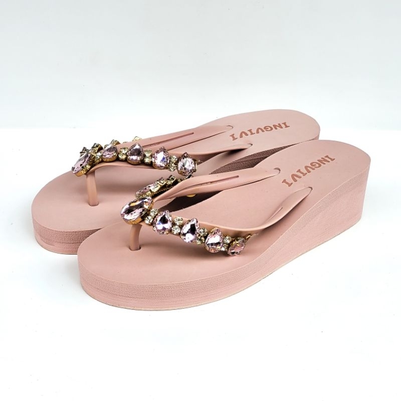 Ingvivi Swarovski Oval Polos Sandal Wanita Wedges Import Terbaru Korea Jepit Tinggi 5cm Manik Motek