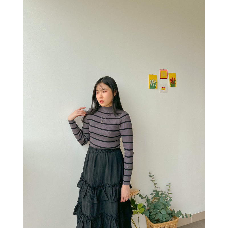 KANON - Yura Basic Knit Sweater - Sweater rajut turtleneck bodycon motif stripe