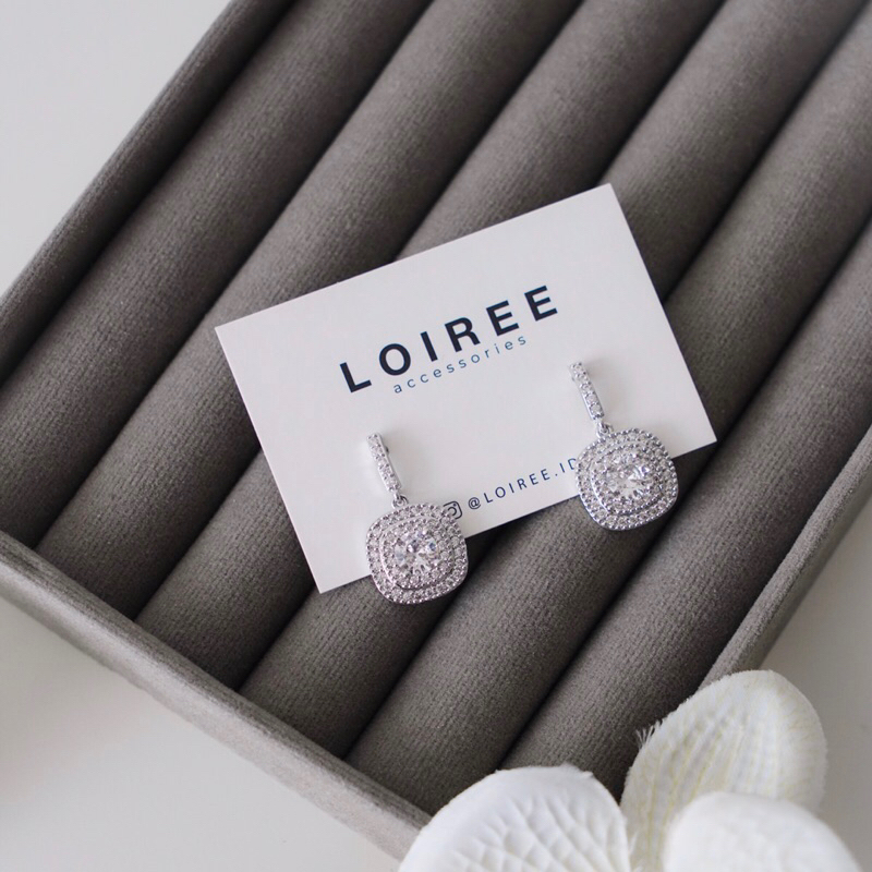 LORRAINE | Wedding Collection - Zirconia Halo Square Dangle Stud Bridal Earrings - Anting Wanita