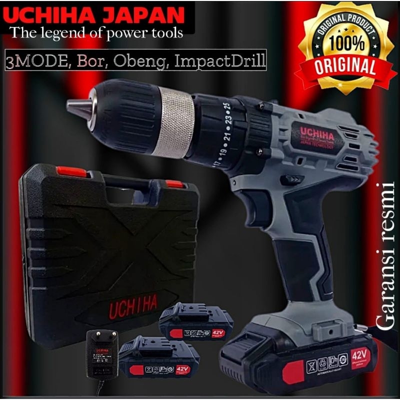 Mesin bor tanpa kabel baterai cordless 42 volt 13mm beton besi kayu full set pilihan 25 torsi UCHIHa