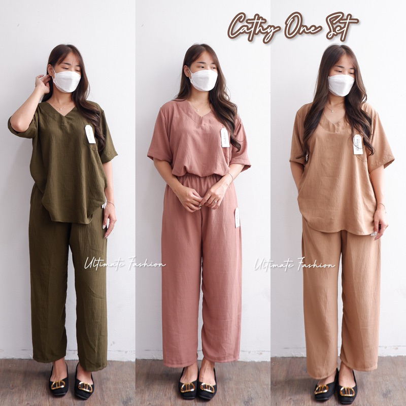 Cathy One Set Crinkle Oversize Airflow Premium / Daily One Set/ Setelan Crinkle V-Neck Import Rakku 251