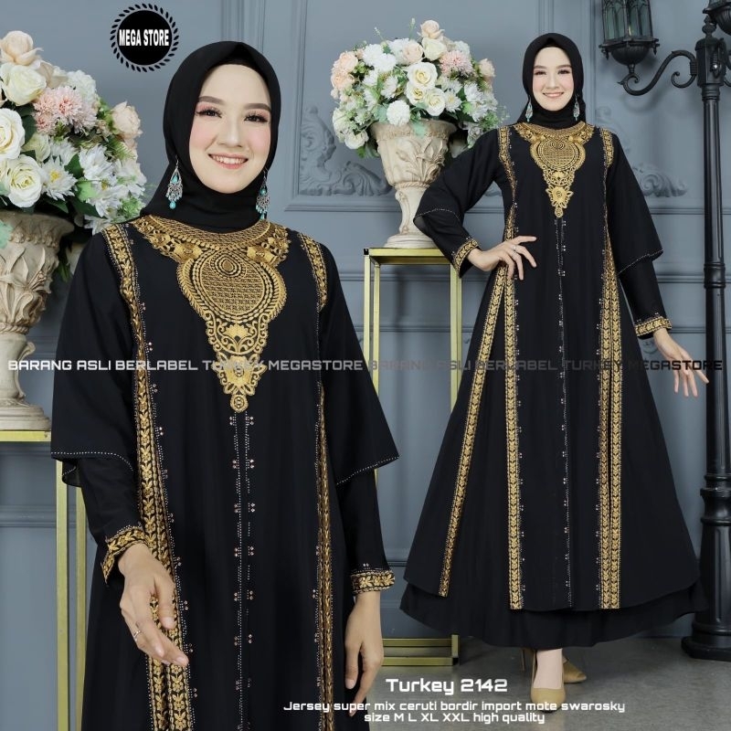 Baju Gamis Wanita Abaya Turkey Turki Hitam 2142 Dress Dres Jubah Hitam Ori Megastore
