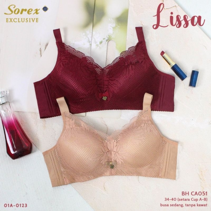 Bra Sorex CA 051 Lissa renda premium cup A-B besar, tanpa kawat, busa 34-40