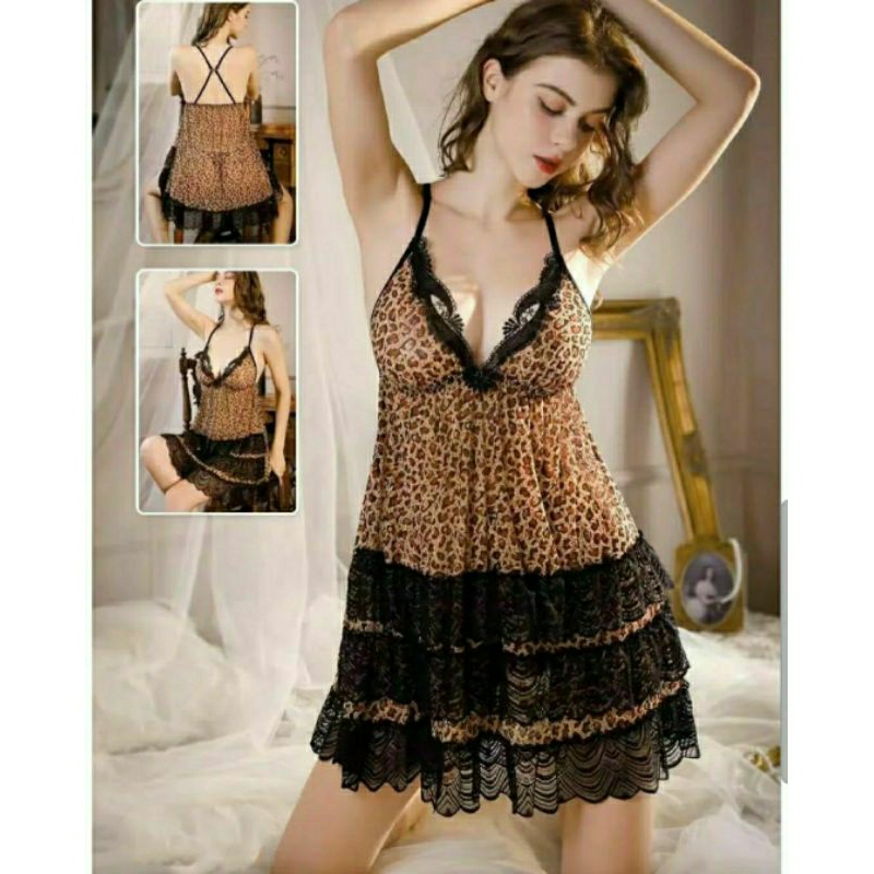 Lingerie Seksi Dress Premium/Lingerie Dress Motif Leopard/Baju Tidur Seksi Premium/Lingerie Set  Cd G string/Fit to XL