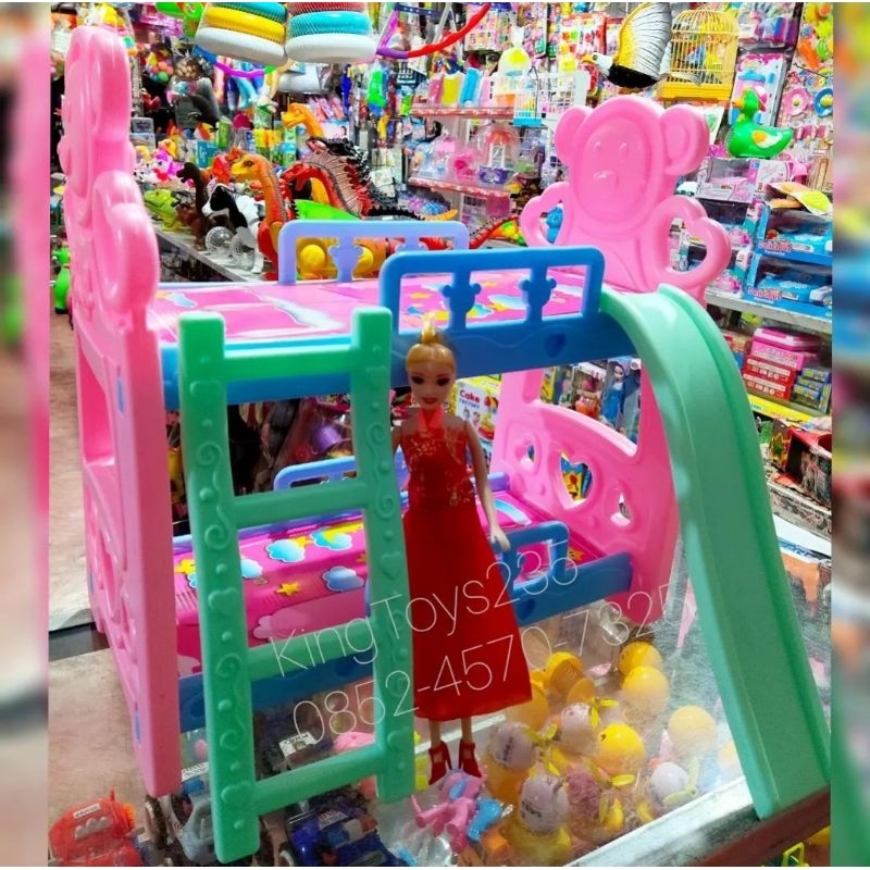 Mainan Anak Barbie Set Tempat Tidur Besar Perosotan Tangga 2 Tingkat Kasur Bonus Berbi 1pcs Kado Pon