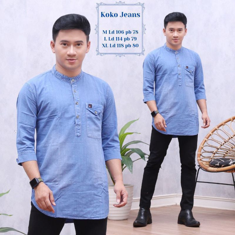 KOKO KURTA QURTA PAKISTAN BAHAN JEANS WASH LENGAN 3/4 - MOSLEM MAN WEAR