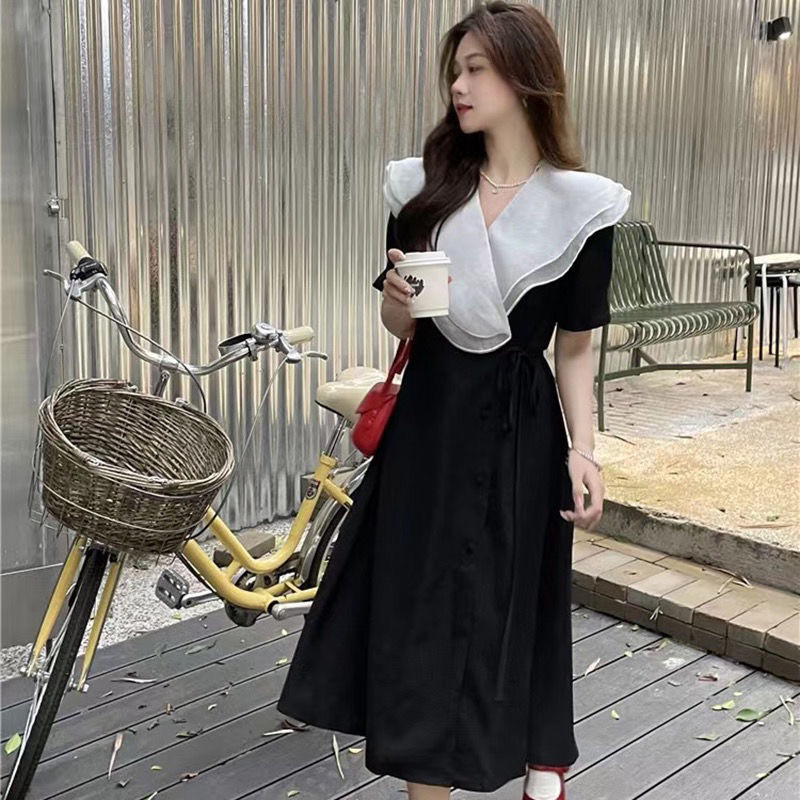 D2-199 Korean vintage dress lengan pendek / Gaun Midi manis bentuk A line