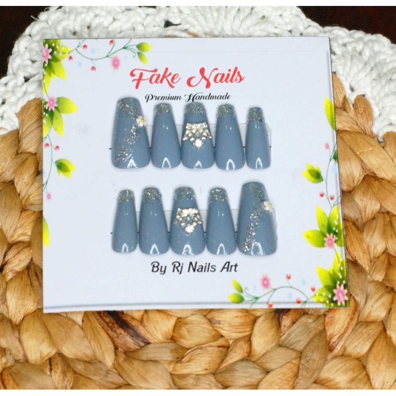 1set kuku palsu/fake Nails grey/full kutek mewah dan elegan