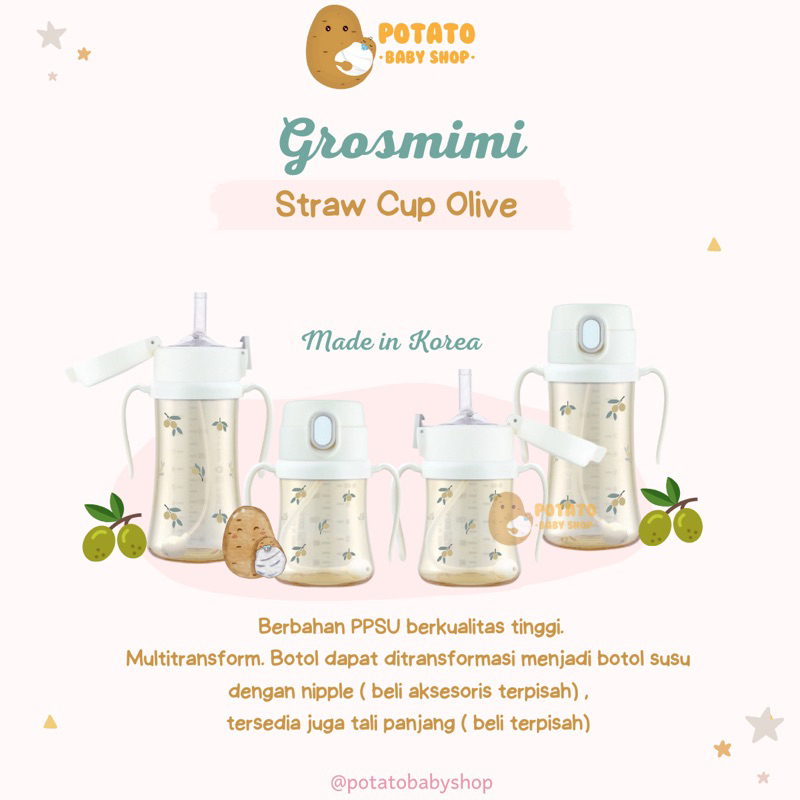 Grosmimi PPSU Dotgom, Olive &amp; Cherrish Weighted Straw Cup 200ml 300ml