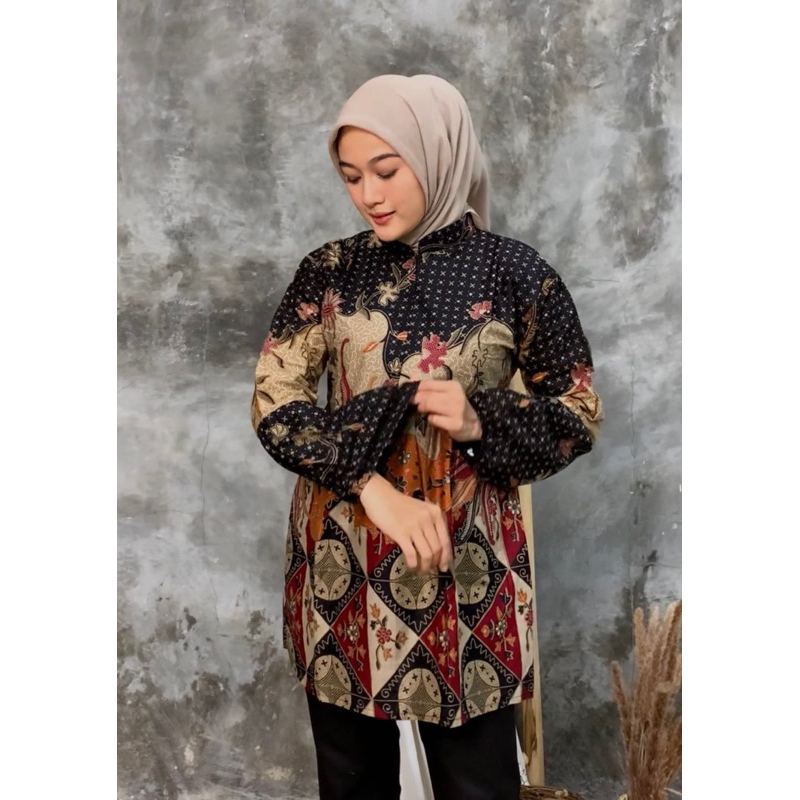 Blouse Batik Motif Mbok Jamu Baju Batik Wanita Kerja Lengan Balon Katun HRB 026 Modern Kekinian