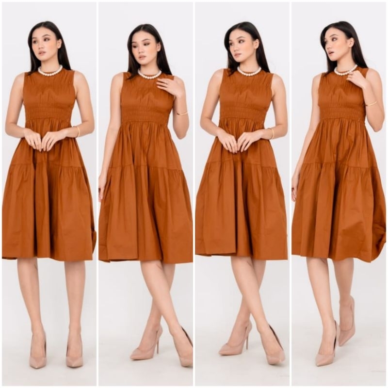 ♡ PREMIUM ♡ REAL PIC ! JILLAINE VINTAGE PLAIN LESS SLEEVE SMOCKED RUBBER MIDI  DRESS